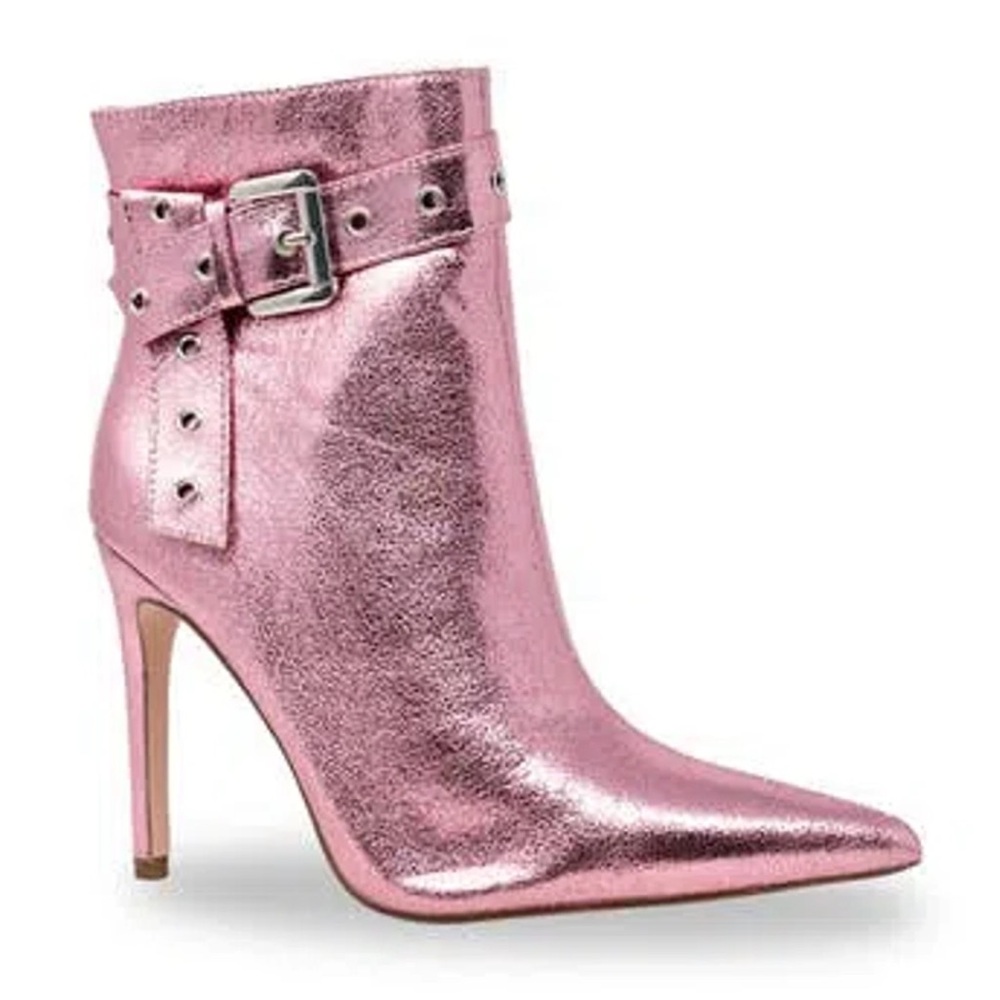 Chase + Chloe Metallic Rose Pink Pointed Ankle Booties with Buckle